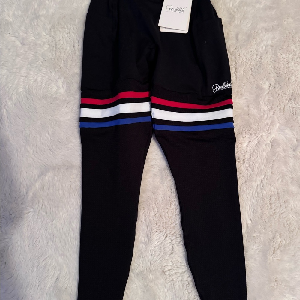 Bombshell Sportswear Black Leggings with Red, White & Blue Stripes